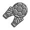 Linear icon. Goalkeeper gloved hands catch flying soccer ball. Football goalie gear to protect football goals. Simple black and