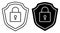 Linear icon. Locked padlock on background of shield. Reliable secure storage of information and property. Simple black and white