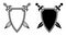 Linear icon, pair of crossed knight swords against background of shield. Emblem of old royal family. Simple black and white vector