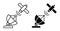 Linear icon. Satellite fly and transmit communication signal to radio antenna. Satellite communication and GPS navigation. Simple