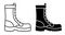 Linear icon, soldier high boots with lace. Military and tourist protective uniforms. Simple black and white vector isolated on