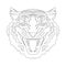 Linear image head of a wild tiger with fangs, coloring book for children.