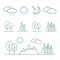 Linear landscape elements icons set. Line trees, flowers, bushes