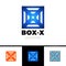 Linear letter X logo monogram in box or cube. Simple sport logotype symbol. Blue gradient and black outline color