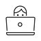 Linear monochrome icon student in front of laptop vector illustration. Distance internet education