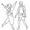 Linear outline drawing girl and guy tourists. She rejoices at the meeting, raised her hands and a backpack on her back