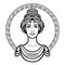Linear portrait of the young Greek woman with a traditional hairstyle. Decorative circle.