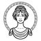 Linear portrait of the young Greek woman with a traditional hairstyle. Decorative circle.