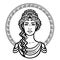 Linear portrait of the young Greek woman with a traditional hairstyle. Decorative circle.