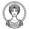 Linear portrait of the young Greek woman with a traditional hairstyle. Decorative circle.