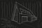 Linear sketch residental building - scandinavian style forest cottage near lake perspective on black background