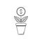 Linear style icon. Passive income. A dollar coin grows from a flower pot.