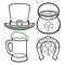 Linear vector set for St. Patrick`s Day. Lepricon hat, a sponge with gold coins, a horseshoe for good luck, a mug of foamy beer an
