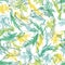 Lineart Koi fish silhouettes layered with pond vegetation in a green blue colors. Seamless vector pattern