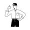 Lineart male character with thumb up. Happy man shows approving thumbup sign. Positive person with like, yes finger hand
