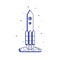 Lineart rocket ship launching with fame from engine. Spaceship, space shuttle boost. Rocketship flying up to cosmos