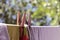 Linen dries on a rope against the background of foliage.