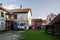 Linen dries in the yard of Kuldiga Old Town, Latvia