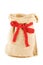 A linen sack empty bandaged by a red ribbon