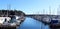 Lines of boats in a harbor in Nanaimo with Newcastle Island in behind