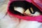 The Lingerie in luggage travel pink bag on white bed