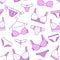 Lingerie seamless pattern with flat line icons of bra types, panties. Woman underwear background, vector illustrations