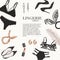 Lingerie underwear hand-drawn doodle template: bra, bralete,  undies set, heels, cosmetcs womens  boutique salon illustration,