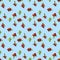 Lingonberry seamless pattern on blue background. Fresh cowberries or cranberries with leaves as seamless pattern for textile,