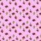 Lingonberry seamless pattern on pink background. Fresh cowberries or cranberries with leaves as seamless pattern for textile,