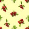 Lingonberry seamless pattern on yellow background. Fresh cowberries or cranberries with leaves as seamless pattern for textile,