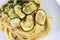 Linguine alla Nerano with fried zucchini and provolone cheese from Monaco