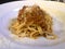 Linguine Bolognese dish , pasta dinner on white plate