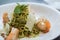 Linguine in Chunky Pesto & Grilled Prawns in Toasted Pine Nuts