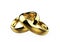 Linked gold wedding rings on white background.