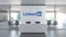 LINKEDIN logo above reception desk in the modern office, editorial conceptual 3D rendering
