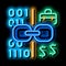 linking binary code to money neon glow icon illustration