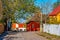 LINKOPING, SWEDEN, APRIL 23, 2019: View of traditional timber houses in the old town Gamla Linkoping, Sweden