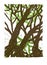 Linocut image of mystical trees with roots.