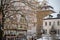 LINZ AM RHEIN, GERMANY - DEC 14, 2022: Burgplatz with Rheinturm tower in snow