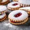 Linzer cookies, sugar powder, different colors, neutral background, tasty bisquits close-up