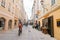 Linzergasse - popular pedestrian shopping street on the right side of Salzach river, Salzburg, Austria