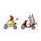 Lion and African Antelopes ridding motorbike on white isolated background, vector wild African animals in Cartoon style, concept