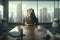 Lion as human boss in office, man looking like animal in meeting room, generative AI