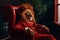 A lion in a business suit sits in a leather chair.. AI Generated