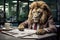 lion businessman reading a financial newspaper at a desk