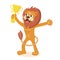 Lion character is holding a winner cup in his paw. Smiling cartoon animal. Vector