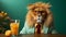 Lion with cold lemonade. Terrible predator drinking mojito and iced tea