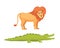Lion and crocodile savanna animals in cartoon style