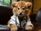 Lion cub in doctors coat with stethoscope