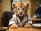 Lion cub in doctors coat with stethoscope